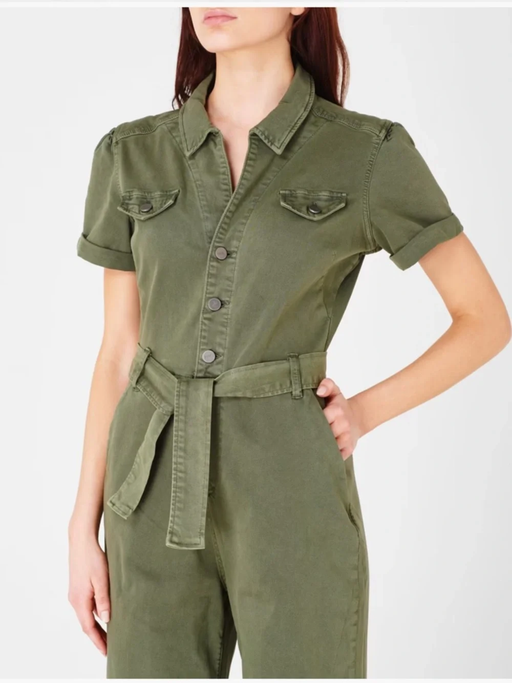 Paige Anessa Utility Tie-Waist Wide Leg Jumpsuit in Vintage  Ivy Green